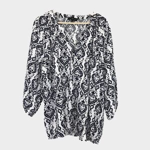 Fred David Women's Blouse Button Up Sz 3X Black White Boho Peasant‎